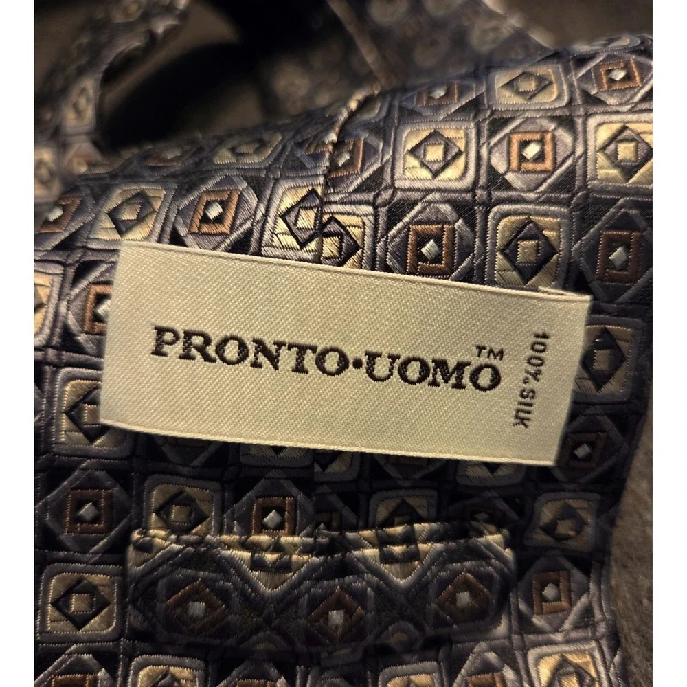 Pronto Uomo Silk Necktie Mens One Size Charcoal Gold Geometric‎ Medallion Tie